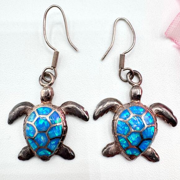Blue Fire Opal Sea Turtle Dangle Earrings 950 Silver Tested Stamped Sea Life Fun